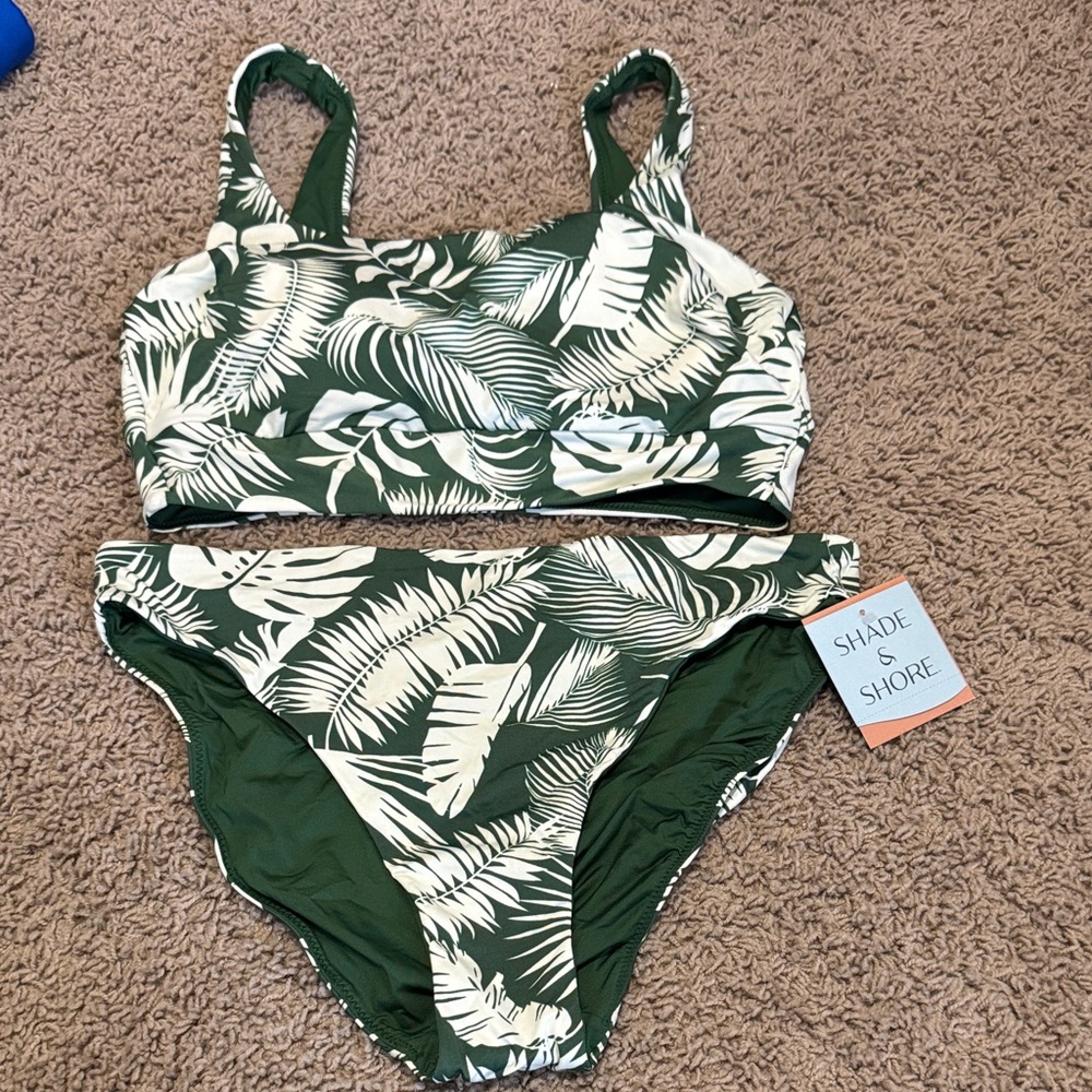 Shade shore Green and White Leaf Print Bikini Set L